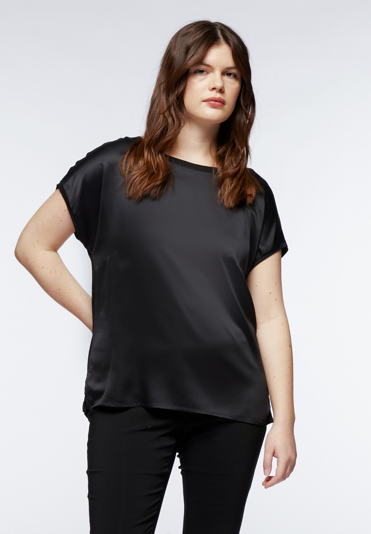 ULLA POPKEN Top Basic Donna Con Rughe E Scollo A U: Maglietta In Modal E Cotone, Manica Corta, Blu Navy, Taglia 58-60
