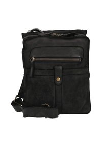 Bolso bandolera de cuero negro con parte superior con cremallera, un bolsillo frontal, costuras decorativas y una correa desmontable. Textura suave con un acabado mate.