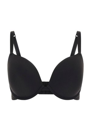 Black padded bra with adjustable straps, smooth texture, and a seamless design. Features a hook-and-eye closure at the back.