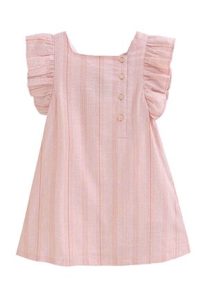 Rosa gestreiftes Kleid mit Rüscheärmeln, quadratischem Ausschnitt und Knopfverschluss auf der Rückseite. Hergestellt aus leichtem Stoff mit strukturiertem Finish.