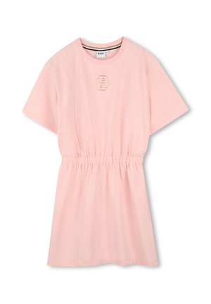 Vestido rosa claro de manga corta, con cuello redondo, cintura elástica y logo en relieve centrado en el pecho.