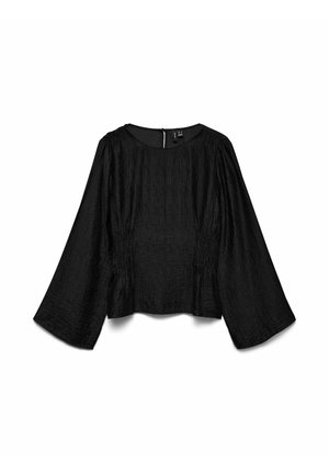 Melnas, faktūru blūze ar garām zvana formas piedurknēm, apaļu apkakli un savilkumu detaļām sānos. Aprīkota ar aizdares rāvējslēdzēju aizmugurē.