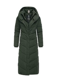 Lång vadderad kappa i mörkgrön med en strukturerad, diamantquiltad design, stor huva, framdragkedja och sidofickor.