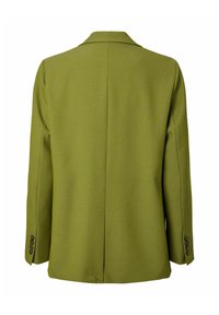 Blazer vert olive, tissu texturé, silhouette structurée, design à simple boutonnage, revers crantés, poignets à quatre boutons, détail de couture propre au dos.