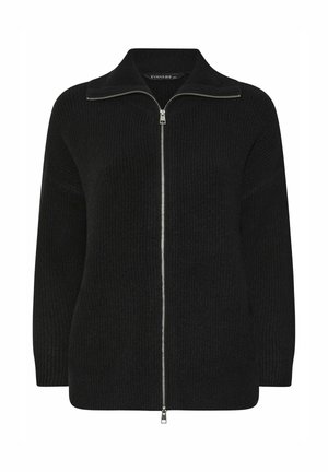 Schwarzer Strickpullover mit Stehkragen und Frontreißverschluss. Verfügt über eine gerippte Textur und lange Ärmel. Minimalistisches Design.