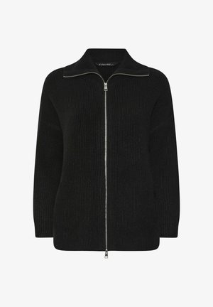 Black knitted sweater with a stand-up collar and front zipper. Features a ribbed texture and long sleeves. Minimalistic design.