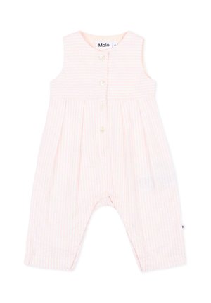 Bezrekawnikowy kombinezonik dla niemowląt w jasnoróżowe i białe pionowe paski, z zapięciem na guziki z przodu i luźnym krojem dla wygody.
