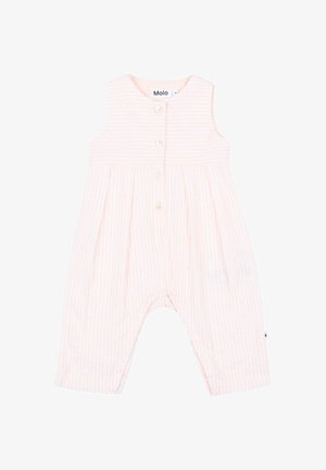 Mouwloze babyromper met lichtroze en witte verticale strepen, knoopsluiting aan de voorkant en een losse pasvorm voor comfortabel draagcomfort.