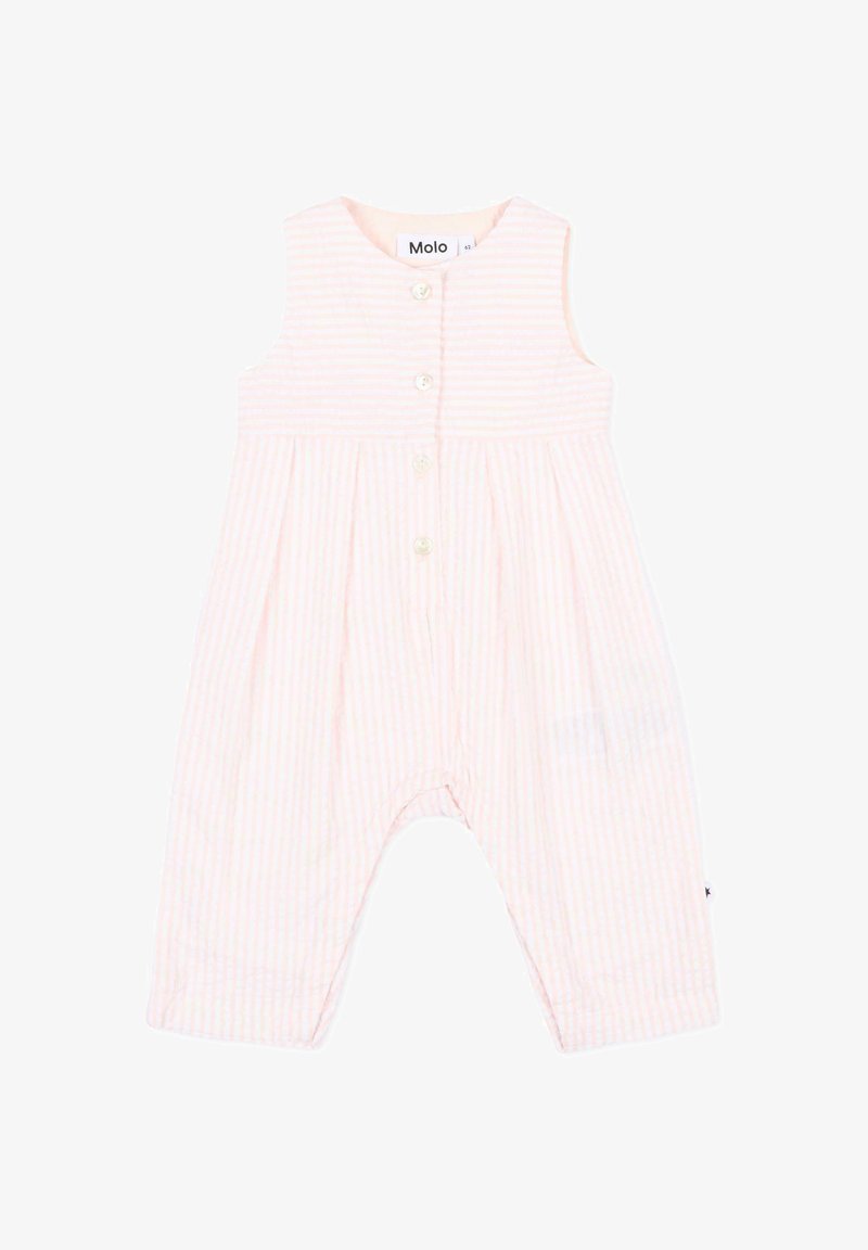 Combinaison sans manches pour bébé avec des rayures verticales rose pâle et blanches, fermeture à boutons sur le devant, et coupe ample pour plus de confort.