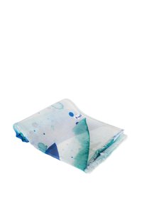 Lightweight scarf with abstract blue and green watercolor patterns, fringed edges, and a small logo label in the corner.