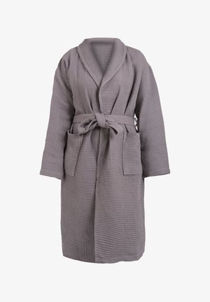 Waffle-textured grey bathrobe with a shawl collar, long sleeves, a front tie belt, and two side pockets. Rectangular shape, mid-length.
