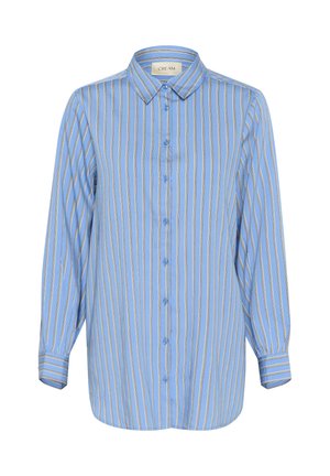 Light blue button-up shirt with vertical stripes in cream and gold, featuring a classic collar and long sleeves with striped cuffs.