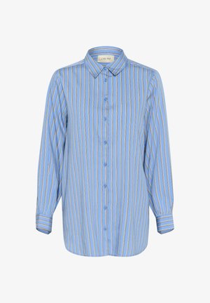 Világoskék gombos ing, krém és arany függőleges csíkokkal, klasszikus gallérral és hosszú ujjal, csíkos mandzsettával.