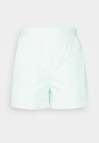 Pantaloni corto verde menta chiaro realizzati in tessuto morbido, con una texture liscia, cintura elastica e una vestibilità su misura con tasche frontali.