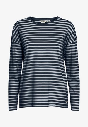 Majica s dugim rukavima u mornarskoj boji s kontrastnim bijelim horizontalnim prugama. Mekani materijal, opušteni kroj i zaobljeni izrez s logotipom na rubu.