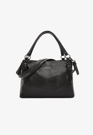 Sac à main synthétique noir avec doubles poignées, bandoulière amovible, finition texturée et accent en chaîne métallique. Présente le logo de la marque à l'avant.