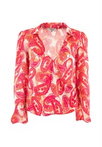 Blusa de manga larga en tejido transparente, con un estampado de paisley en tonos rosa y naranja, un escote en forma de V y mangas ligeramente recogidas.