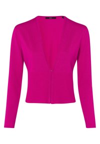Fuksjowy kardigan dzianinowy z długimi rękawami, głębokim dekoltem w serek i zapięciem na zamek z przodu. Posiada prążkowaną teksturę oraz dopasowany krój.