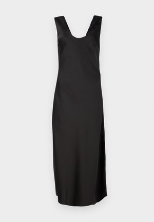Black sleeveless dress with a deep V-neck, made of smooth fabric. Features a fitted silhouette and falls to knee length without patterns.
