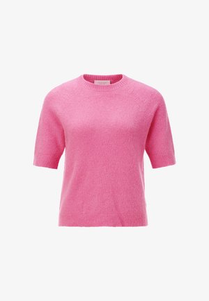 Rövid ujjú, rózsaszín pulóver puha, bolyhos anyagból. Kerek nyakkivágással és bordázott szegéllyel rendelkezik, amely egy könnyed, laza fazont mutat.