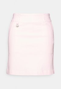 Růžová bavlněná sukně s rovný tvarem, zdobená kovovým kováním na boku a jednou kapsou. Hladká textura a čisté okraje.