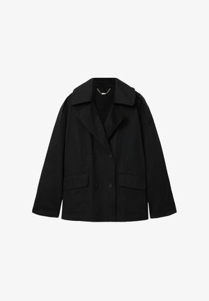 Schwarze, zweireihige Jacke mit breiten Revers, zwei vorderen Pattentaschen und langen Ärmeln, flach liegend auf weißem Hintergrund dargestellt.