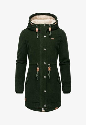 Groen corduroy parka met een nepbont gevoerde capuchon, metalen drukknoopsluitingen, trekkoorden, zijzakken en een langere snit voor extra bedekking.
