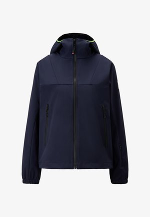Navy zip-up jacket with a hood, featuring two zippered side pockets, elasticated cuffs, and light green piping around the hood.
