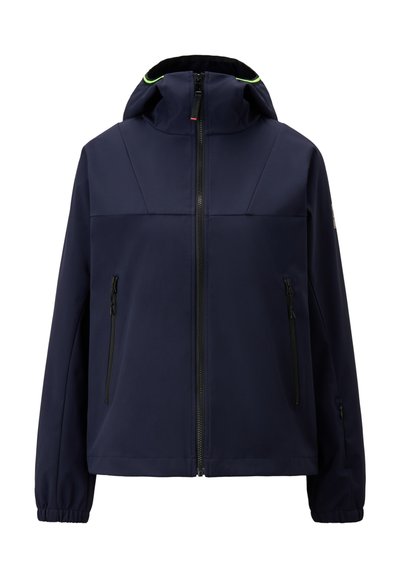 Navy zip-up jacket with a hood, featuring two zippered side pockets, elasticated cuffs, and light green piping around the hood.