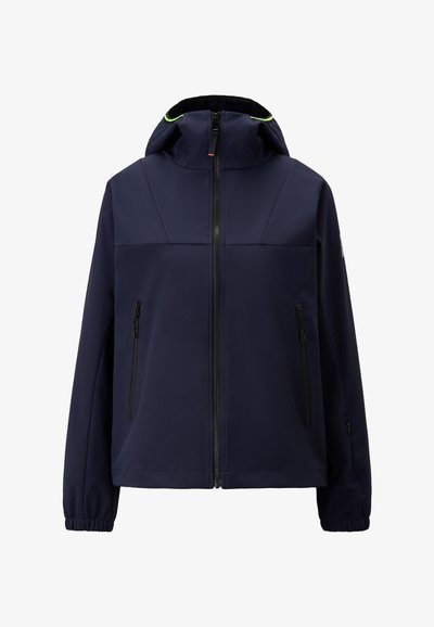 Navy zip-up jacket with a hood, featuring two zippered side pockets, elasticated cuffs, and light green piping around the hood.