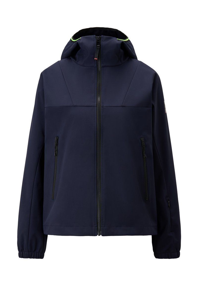 Marineblaue Zip-Jacke mit Kapuze, die zwei seitliche Reißverschluss-Taschen, elastische Bündchen und eine hellgrüne Paspelierung um die Kapuze hat.