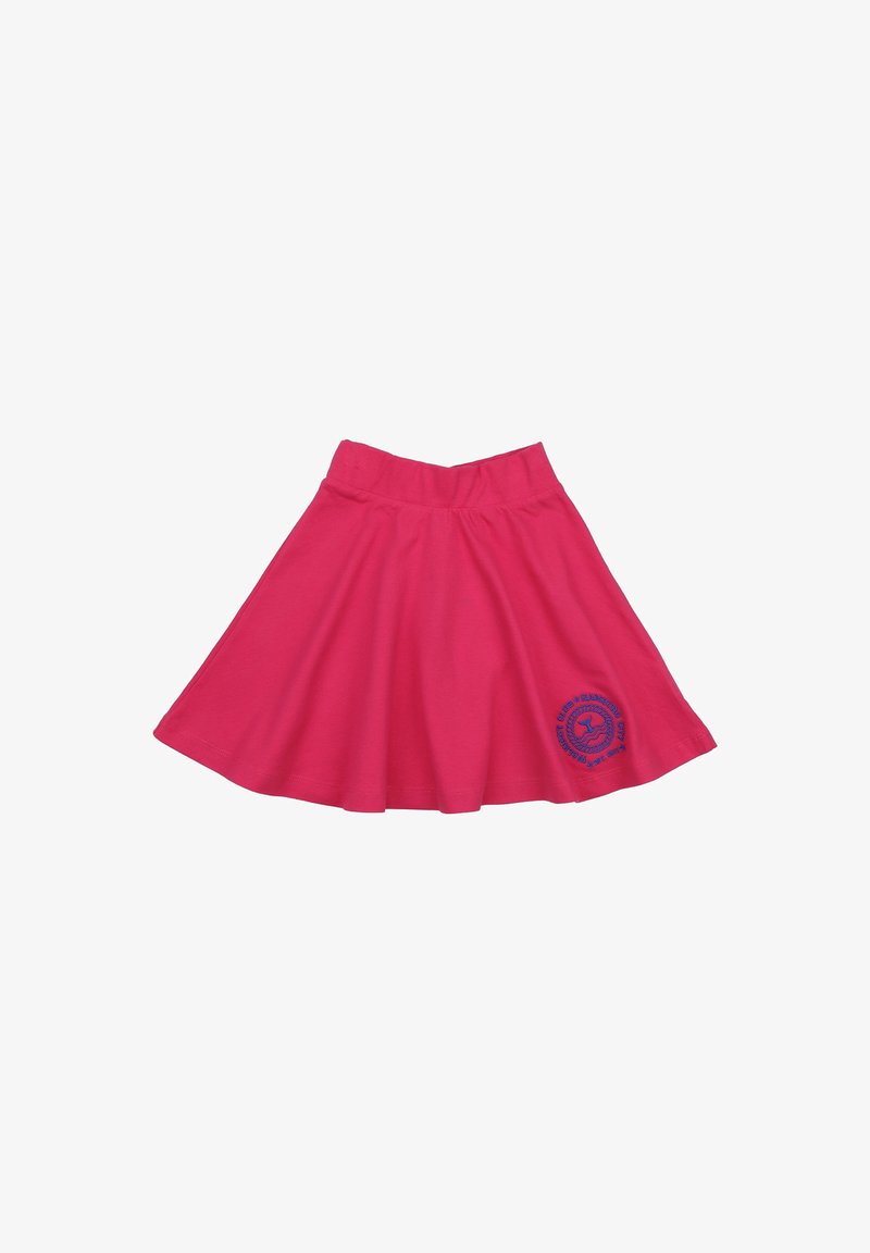 Rosa Baumwoll-Skaterrock mit einem ausgestellten Design, elastischem Bund und blauen Logodetails am Saum. Glatte Textur und knielanger Schnitt.