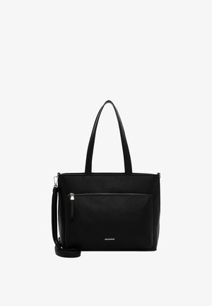 Musta nahkainen isokokoisen olkalaukun tyyppinen laukku, jossa on teksturoitu pinta, kaksi päällikahvaa, irrotettava olkahihna ja etutasku, jossa vetoketju. Hopeanväriset metalliosat.