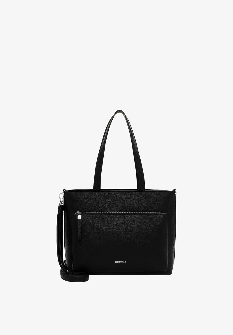 Bolso tote de cuero negro con un acabado texturizado, dos asas superiores, una correa desmontable para el hombro y un bolsillo frontal con cremallera. Detalles de herrajes plateados.