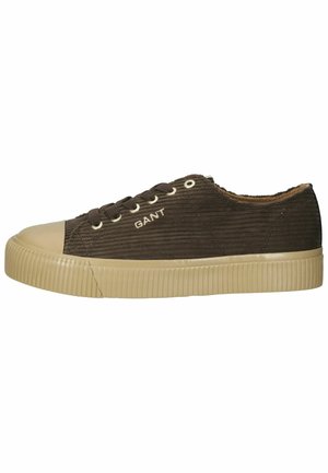 Braune Cord-Sneaker mit cremefarbenem Gummi-Spitzschutz und Sohle, ausgestattet mit runden Schnürlöchern und Logodetail an der Seite.