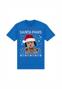 T-shirt in cotone blu con un cane di peluche grigio che indossa un cappello di Babbo Natale rosso, con la scritta "SANTA PAWS" e motivi a fiocco di neve.