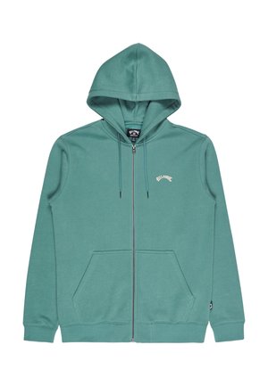 Grüner Zip-Hoodie aus weichem Stoff mit zwei Fronttaschen und Kapuze mit Kordelzug. Logo auf der linken Brustseite.
