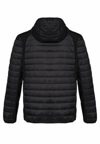 Giubbotto impermeabile nero con cappuccio, caratterizzato da un design trapuntato, una texture liscia e polsini elasticizzati, che mette in risalto una silhouette elegante e sportiva.