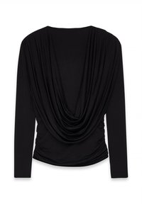 Schwarzes Langarmshirt mit drapierter Rückseite, weichem Stoff, figurbetontem Schnitt und gerafften Details an der Taille.
