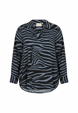 Sort og lyseblå zebra print skjorte med lange ærmer, krave og afslappet pasform, med krum kant og blødt stof.