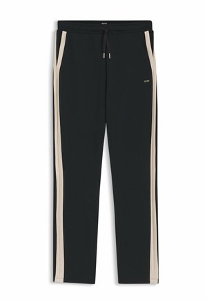Black sweatpants with beige side stripes, elastic waistband with drawstring, and a smooth texture. Features a small logo on the front.