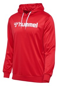 Czerwony sweatshirt z kapturem, wykonany z gładkiego materiału, z białym logo "Hummel" na przodzie, z troczkami i ściągaczami przy mankietach.