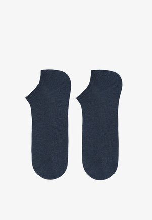 Dunkelblaue, kurz geschnittene Socken aus einem weichen, dehnbaren Stoff mit glatter Oberfläche und verstärkten Zehen- und Fersenbereichen.