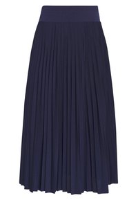 Marinblå plisserad kjol med en bred elastisk midjeband. Har vertikala veck och en flödande design, tillverkad av ett mjukt tyg.