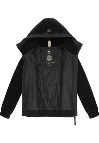 Veste noire doublée en polaire avec capuche, dotée d'une doublure intérieure lisse, de poignets élastiques et d'une fermeture éclair. Comprend des étiquettes de marque à l'intérieur.