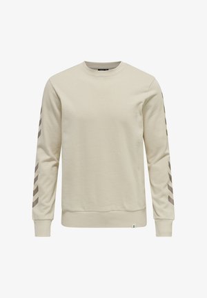 Sudadera beige con cuello redondo, mangas largas y patrones en forma de chevrón oscuro que recorren ambos brazos.