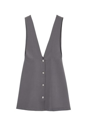 Graues ärmelloses Kleid mit tiefem V-Ausschnitt und fünf dekorativen Knöpfen an der Vorderseite, das eine glatte Textur und ein strukturiertes Design aufweist.