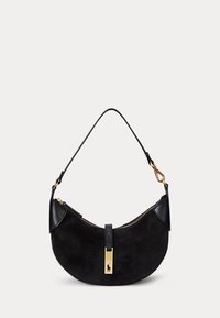 Borsa nera a forma di mezzaluna con cerniera e chiusura dorate, con piccolo logo del cavallo, tracolla singola sottile con fibbie dorate.