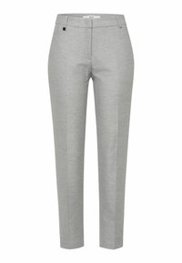 Szare, dopasowane spodnie z teksturowanej tkaniny. Charakteryzują się slim fit, bocznymi kieszeniami oraz małym czarnym akcentem z metalu w okolicy talii.