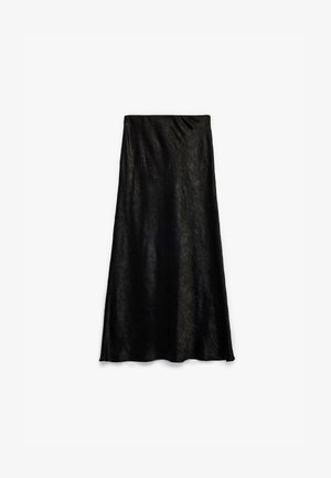 Schwarzer Maxirock aus einem strukturierten Stoff, mit einem leicht gerafften Bund und einem fließenden Design. Glatte Oberfläche mit subtiler glänzender Optik.